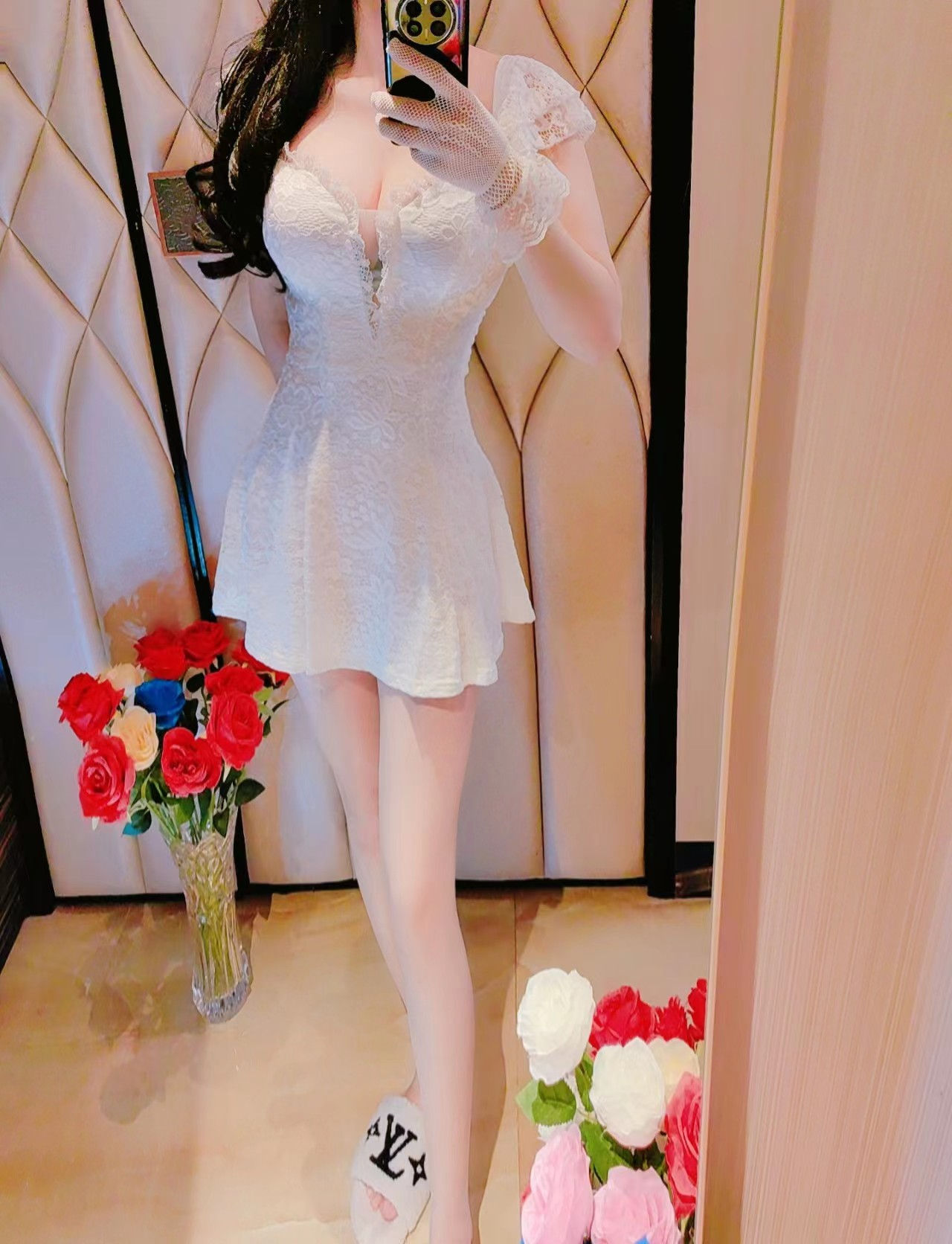 吊带花边袖A字裙