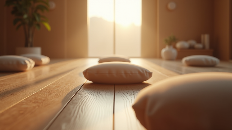 Close-up view of a peaceful meditation space with cushions and soft lighting