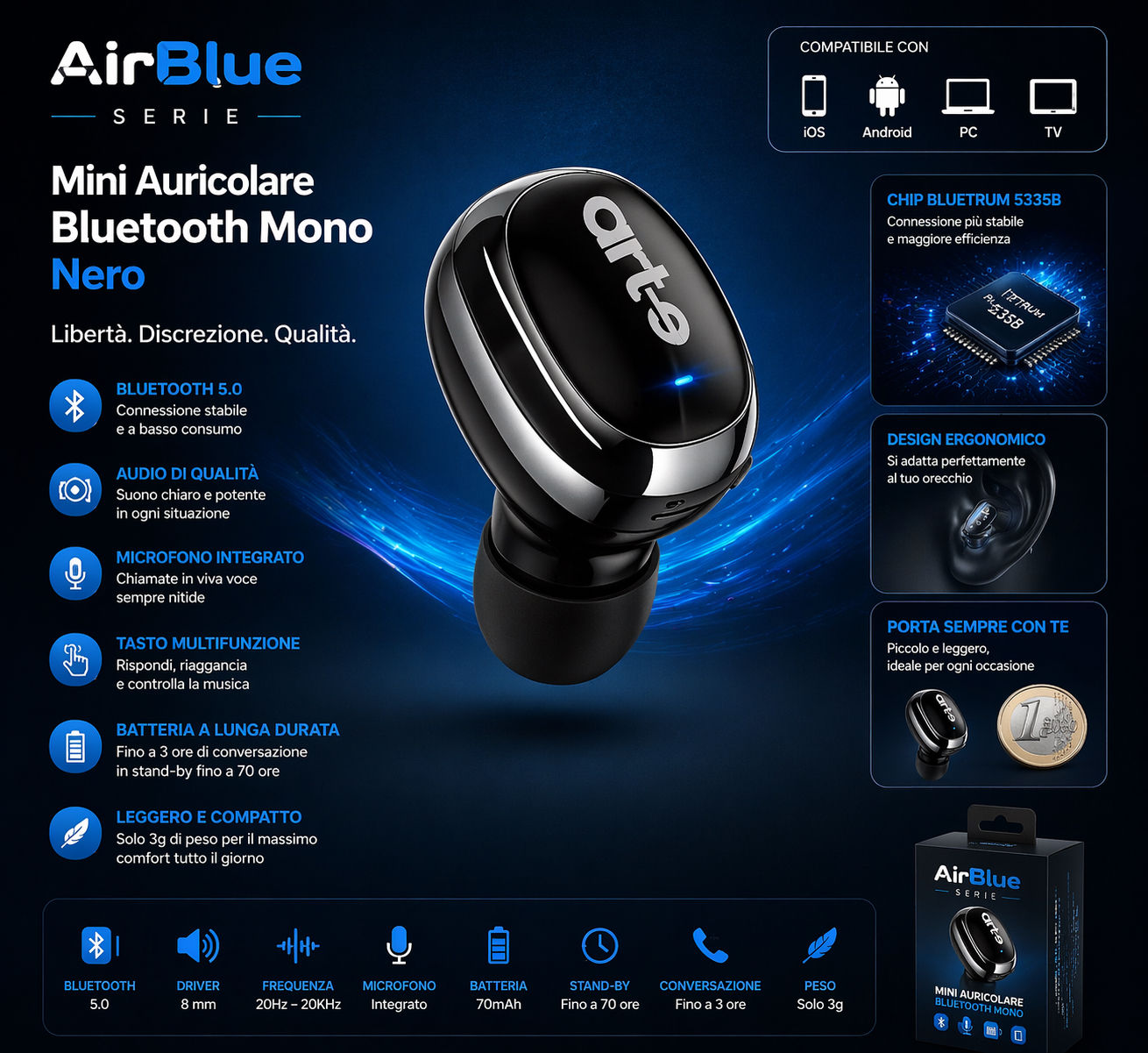 Mini auricolare Bluetooth mono nero AirBlue