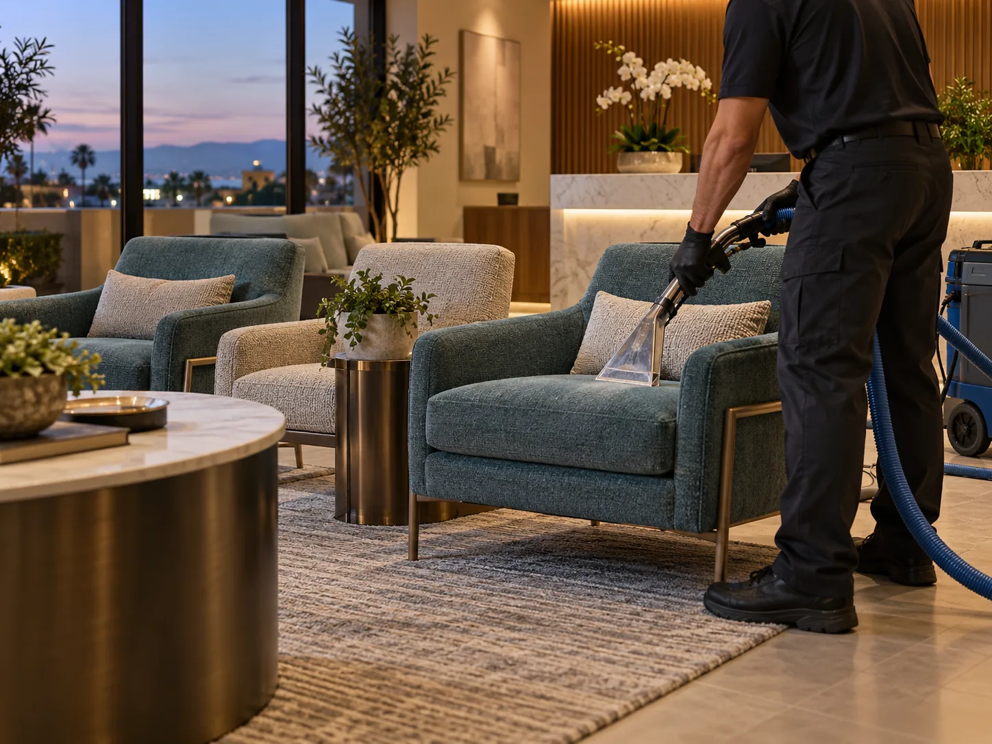 Technician working on lounge seating in a small professional office