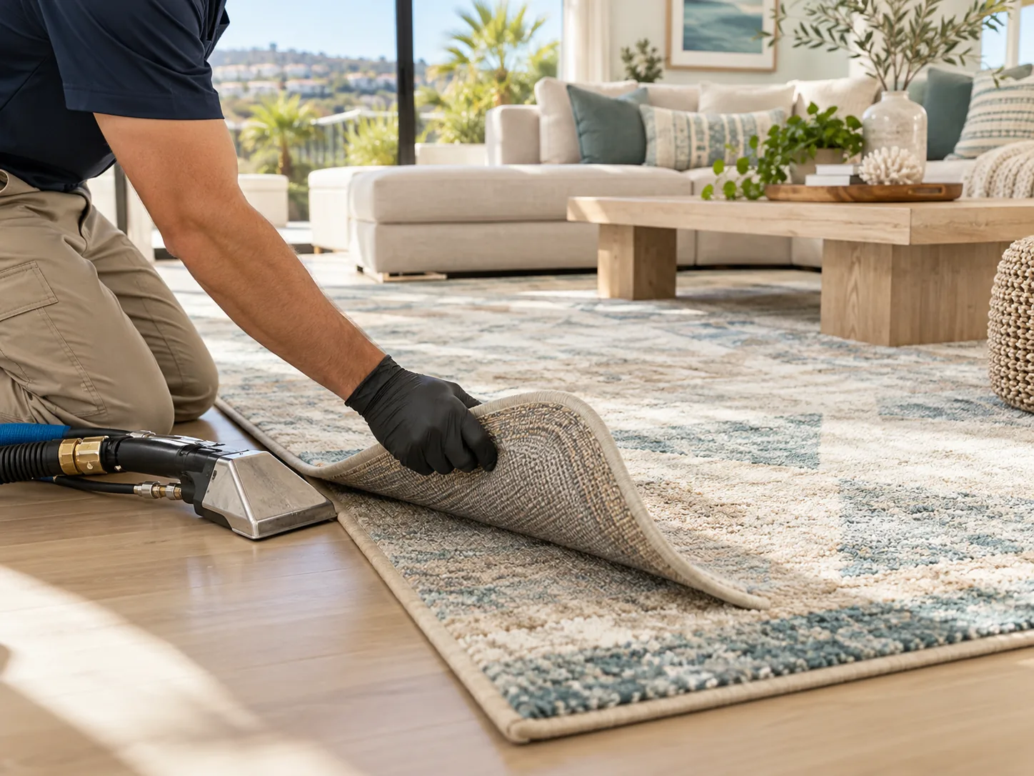 Patterned area rug being inspected and cleaned in a bright room