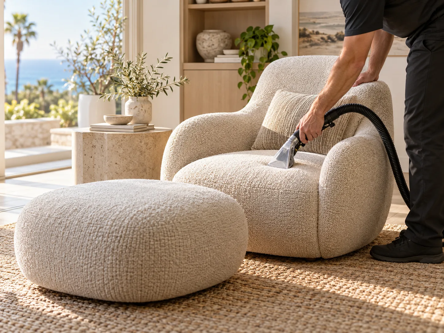 Textured lounge chair and ottoman being cleaned carefully