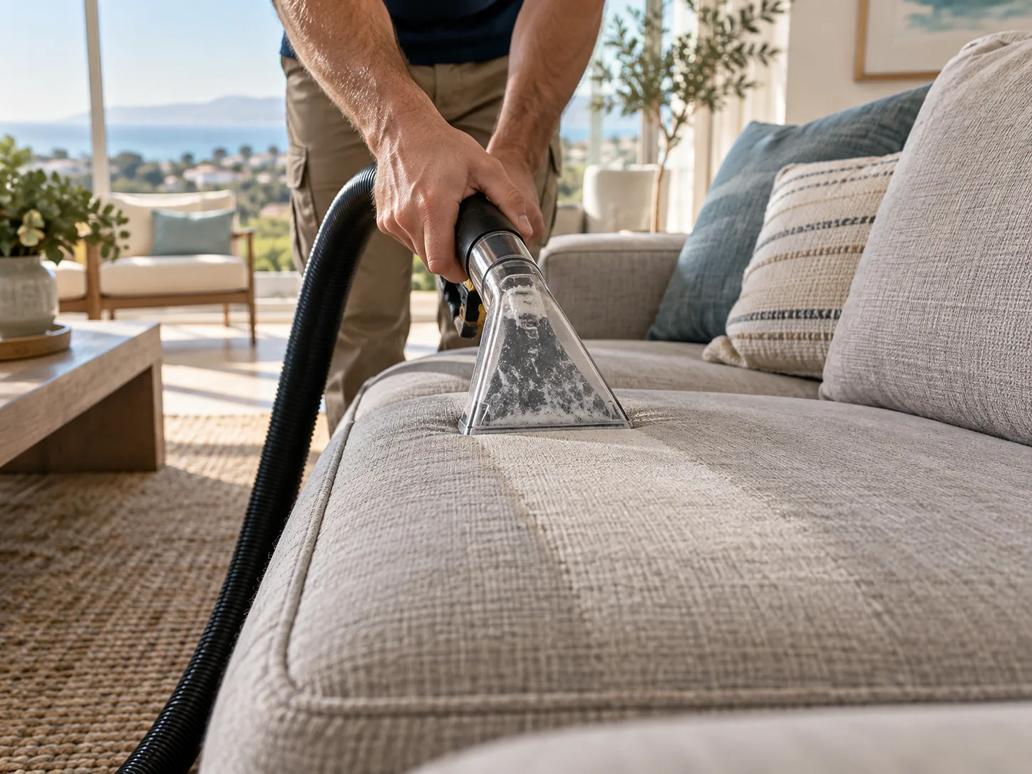 Technician cleaning the seat of a light fabric sofa
