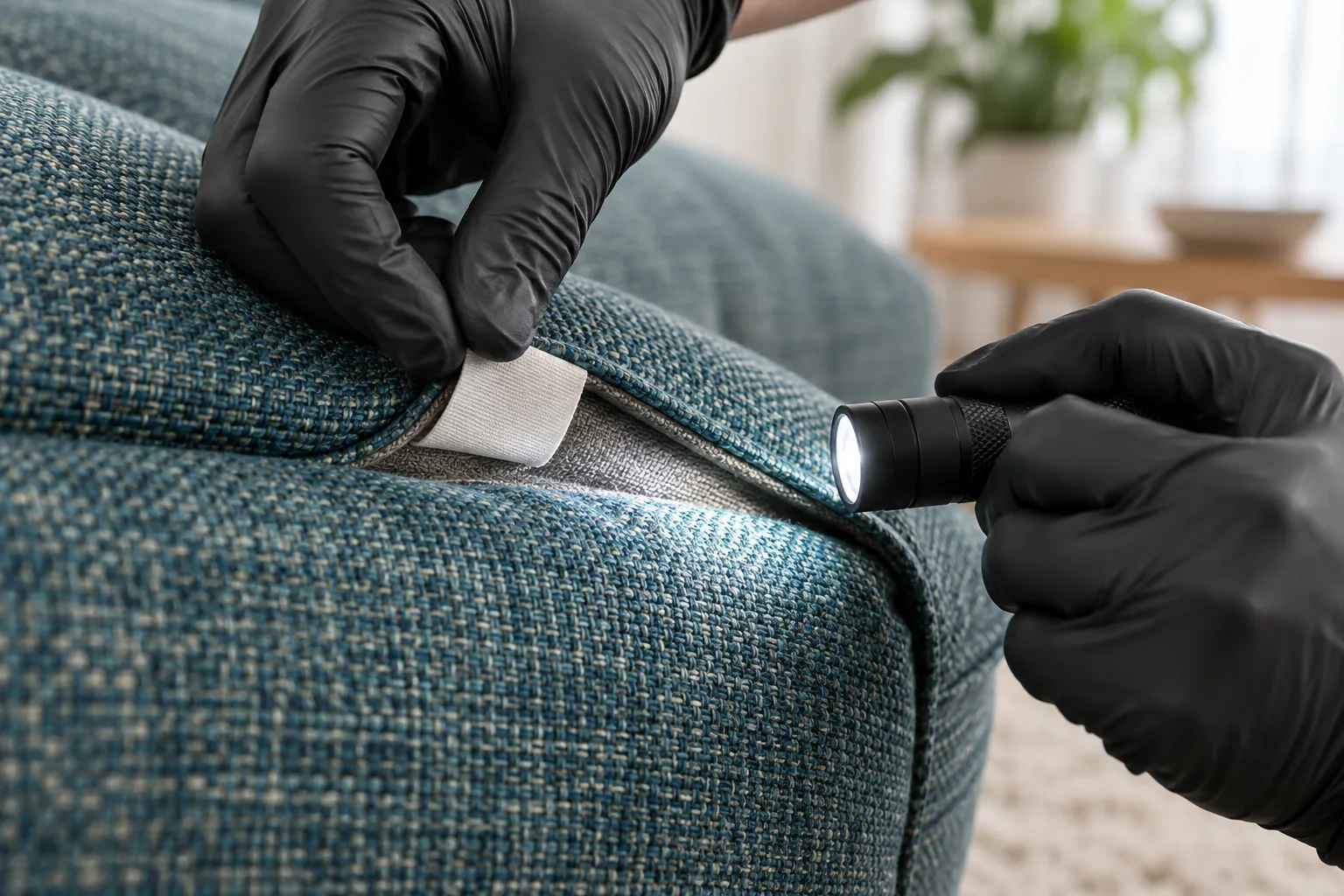 Gloved hand inspecting the weave of upholstery fabric