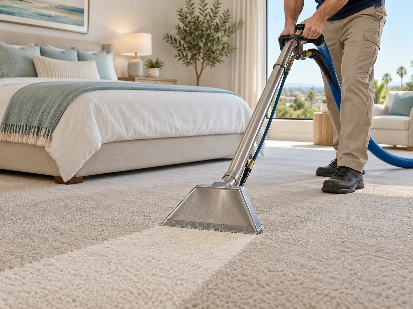 Professional extraction wand moving across a neutral residential carpet