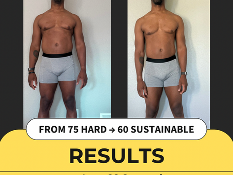 Before-and-after photo of a man showing 75 Hard results, with visible fat loss and increased muscle definition. Text on image reads: “75 Days. No Shortcuts. From 75 Hard → 60 Sustainable. Results: Loss 20.8 pounds, Loss 4% body fat, Metabolic age 3 years younger.