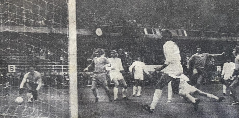 Dave Kirby scores for Waterford against Ujpest Dozsa in the 1973/74 European Cup.