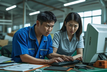 South east Asian factory worker and office worker are trying to use un-useful software at