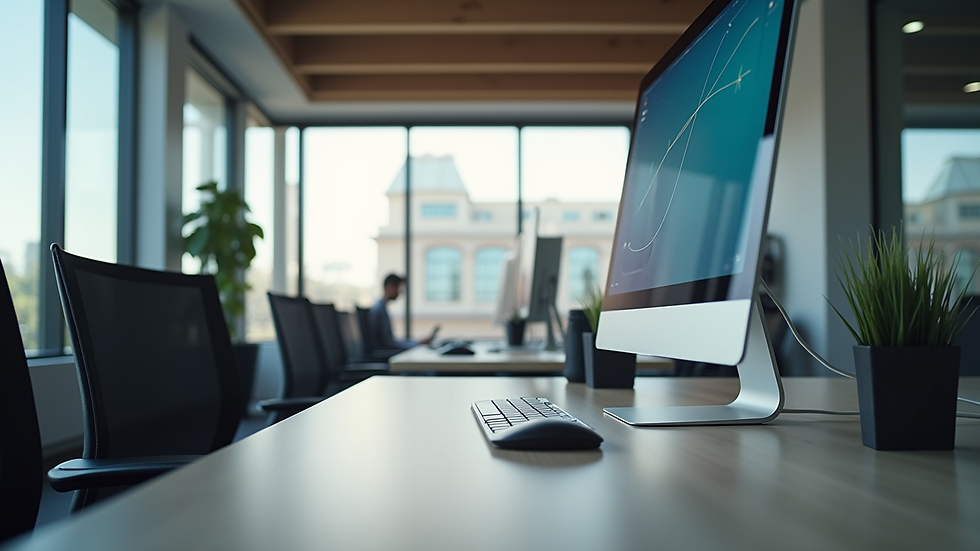 Eye-level view of a modern office space with a focus on a sleek desk and computer setup