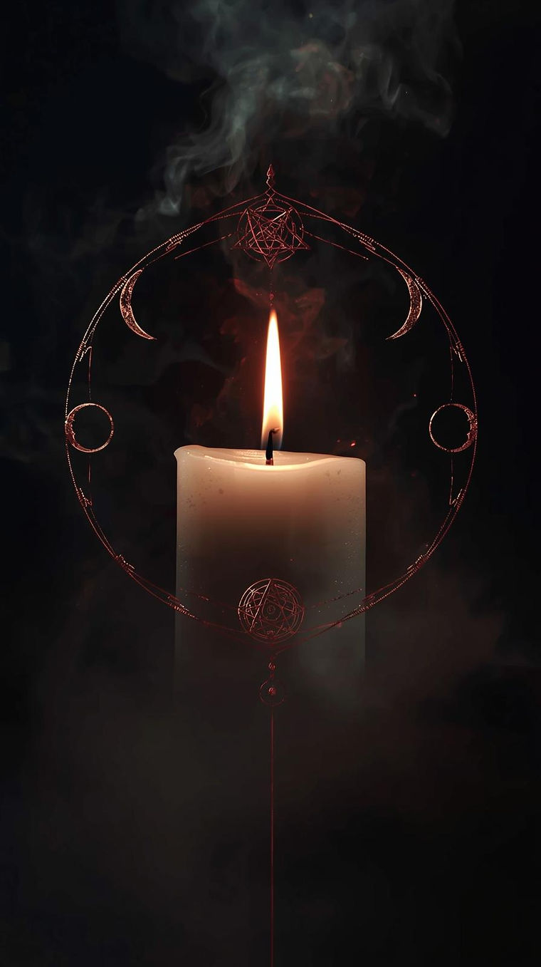 Mystical candle glowing in a dark background, with protective energy aura, moon phases and