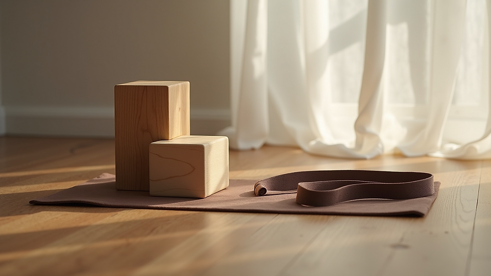 Close-up view of yoga blocks and strap on a wooden floor