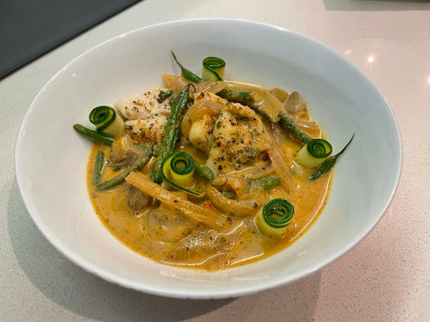 Seared Hake Fillet in Thai Coconut Broth with Green Beans & Citrus Pickled Zucchini Ribbons