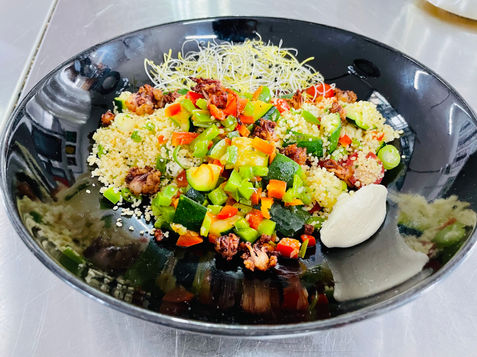 Crispy Squid Tentacle Salad with Couscous, Crème Fraîche, Onion Sprouts & Sticky Thai Dressing