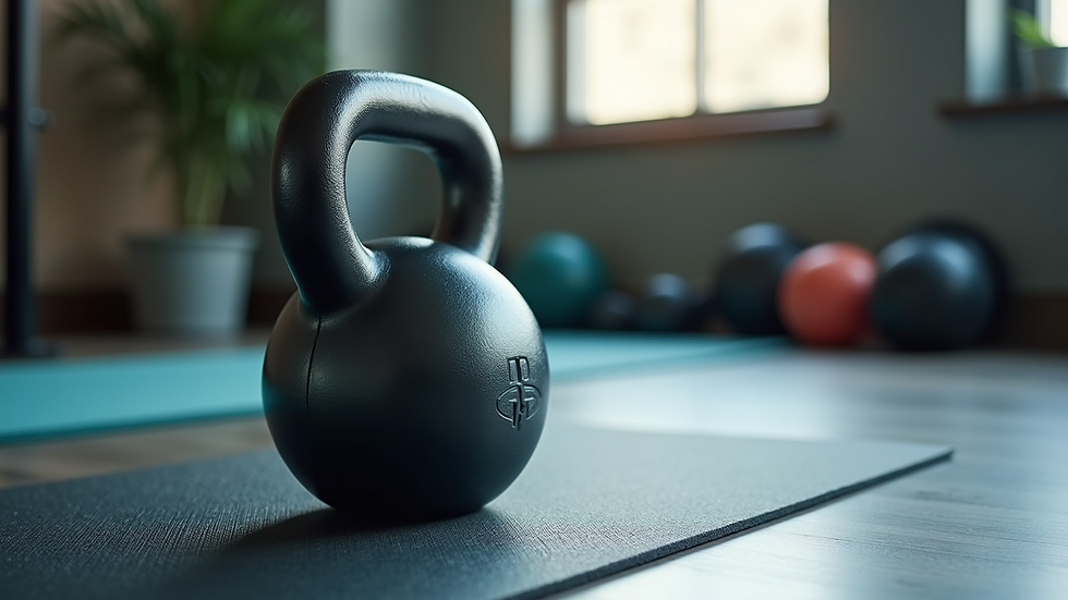 Close-up view of a kettlebell on a gym floor with a yoga mat nearby