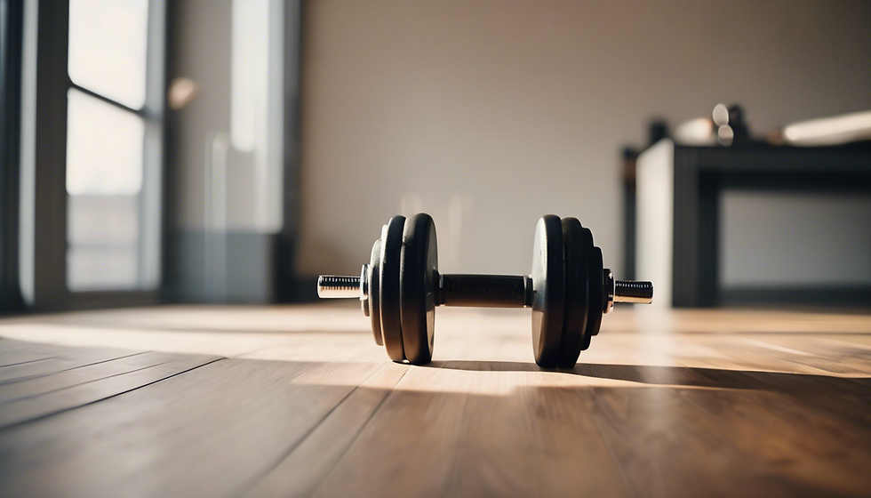 A black dumbbell rests on a sunlit wooden floor in a minimalist room. Bright natural light and blurred furniture in the background create a calm vibe. Personal training can happen in a fitness center, or in the client's home. It's all about maintaining a progressive training plan.