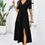 Thumbnail: Solid V Neck Ruched High Waist Puff Sleeve Dress