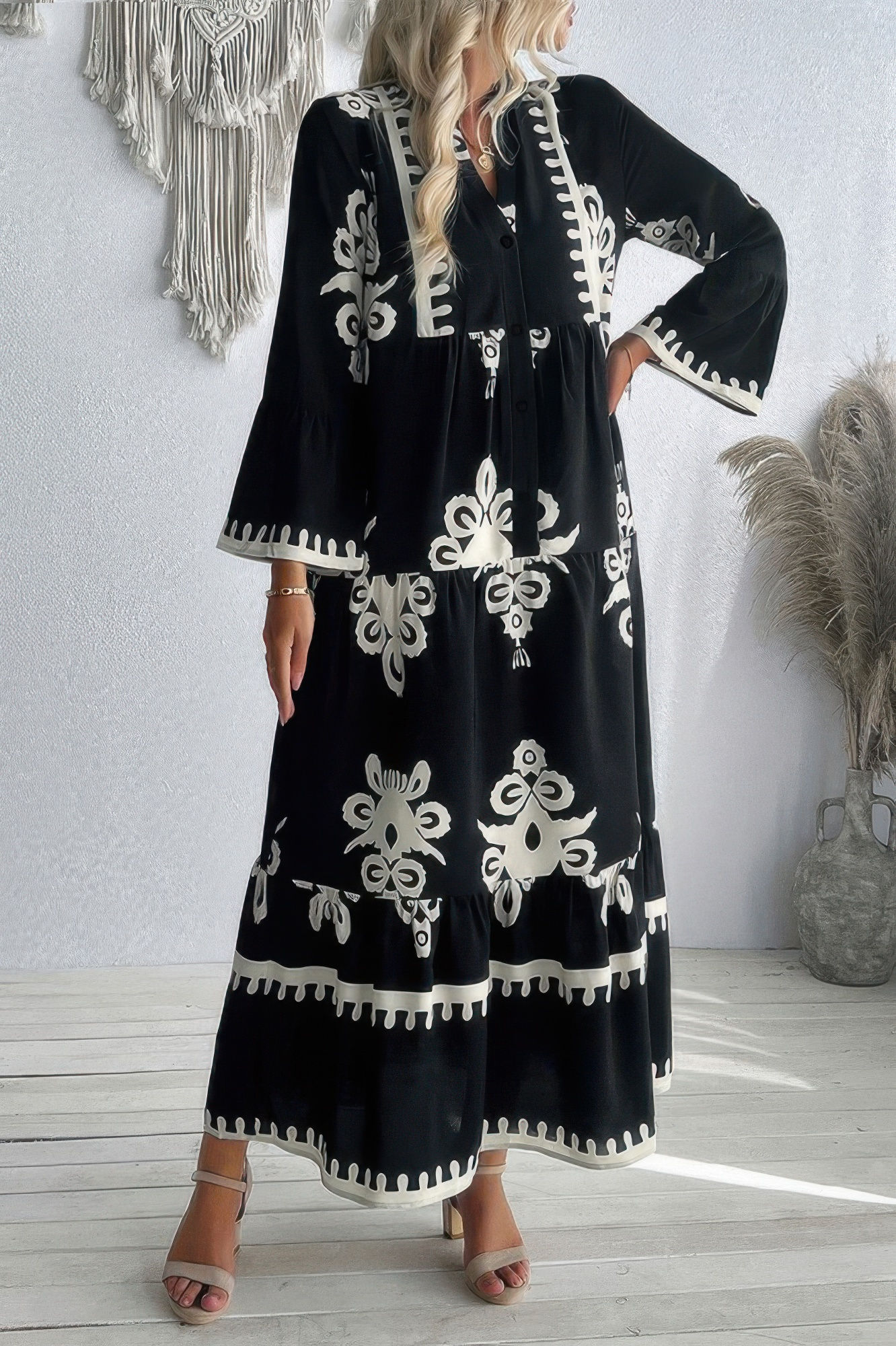 V Neck Stand Collar Button Floral Splicing Dress