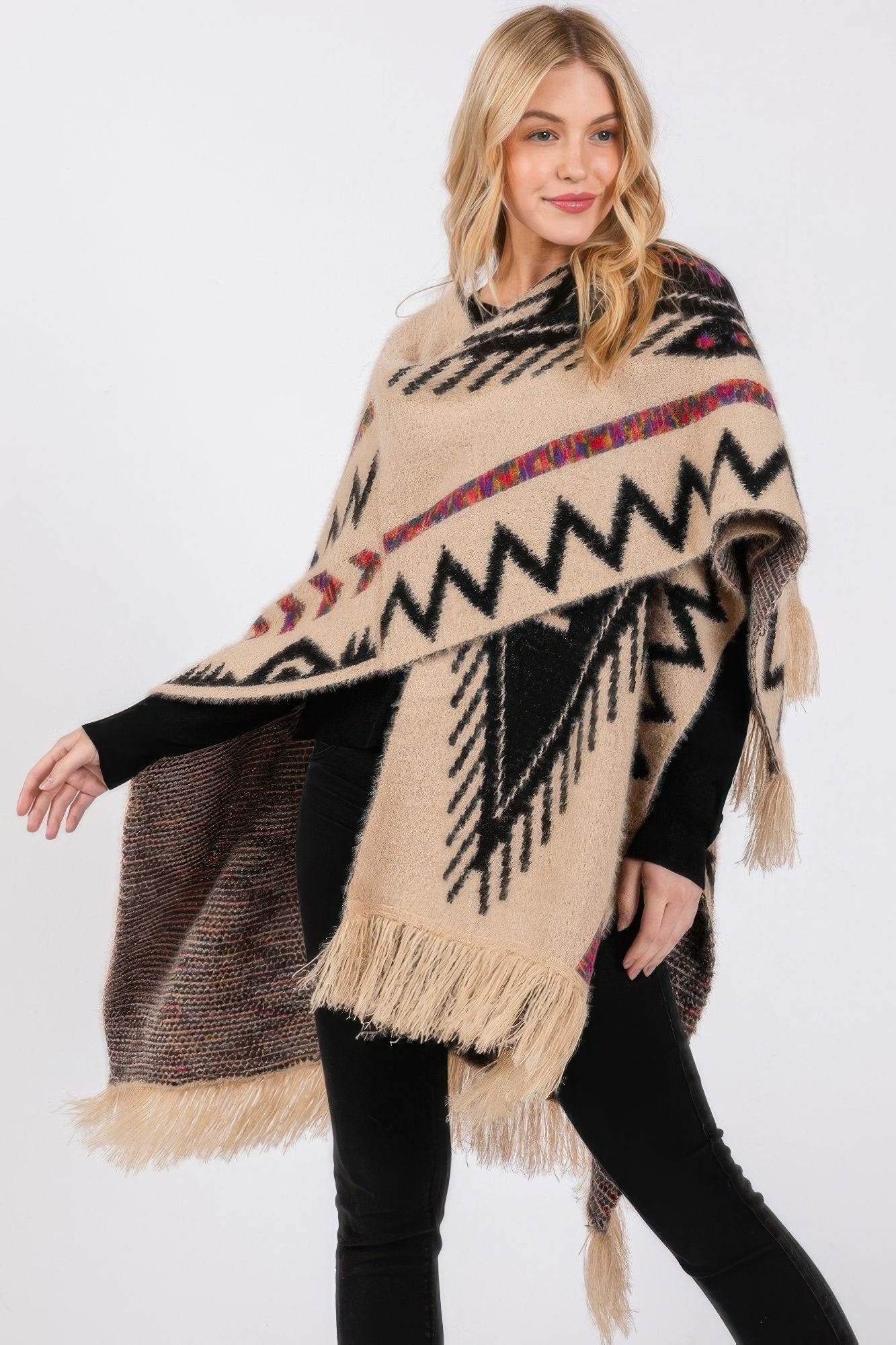 Fuzzy Aztec Pattern Tassel Knit Ruana