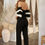 Thumbnail: Off Shoulder Black N White Color Combo Jumpsuit          