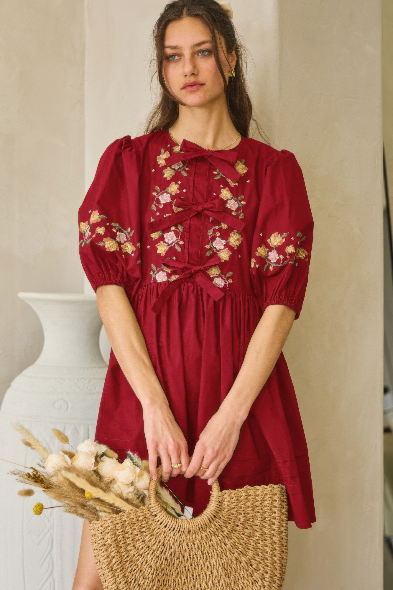 Poplin Front Ribbon Tie Baby Doll Dress