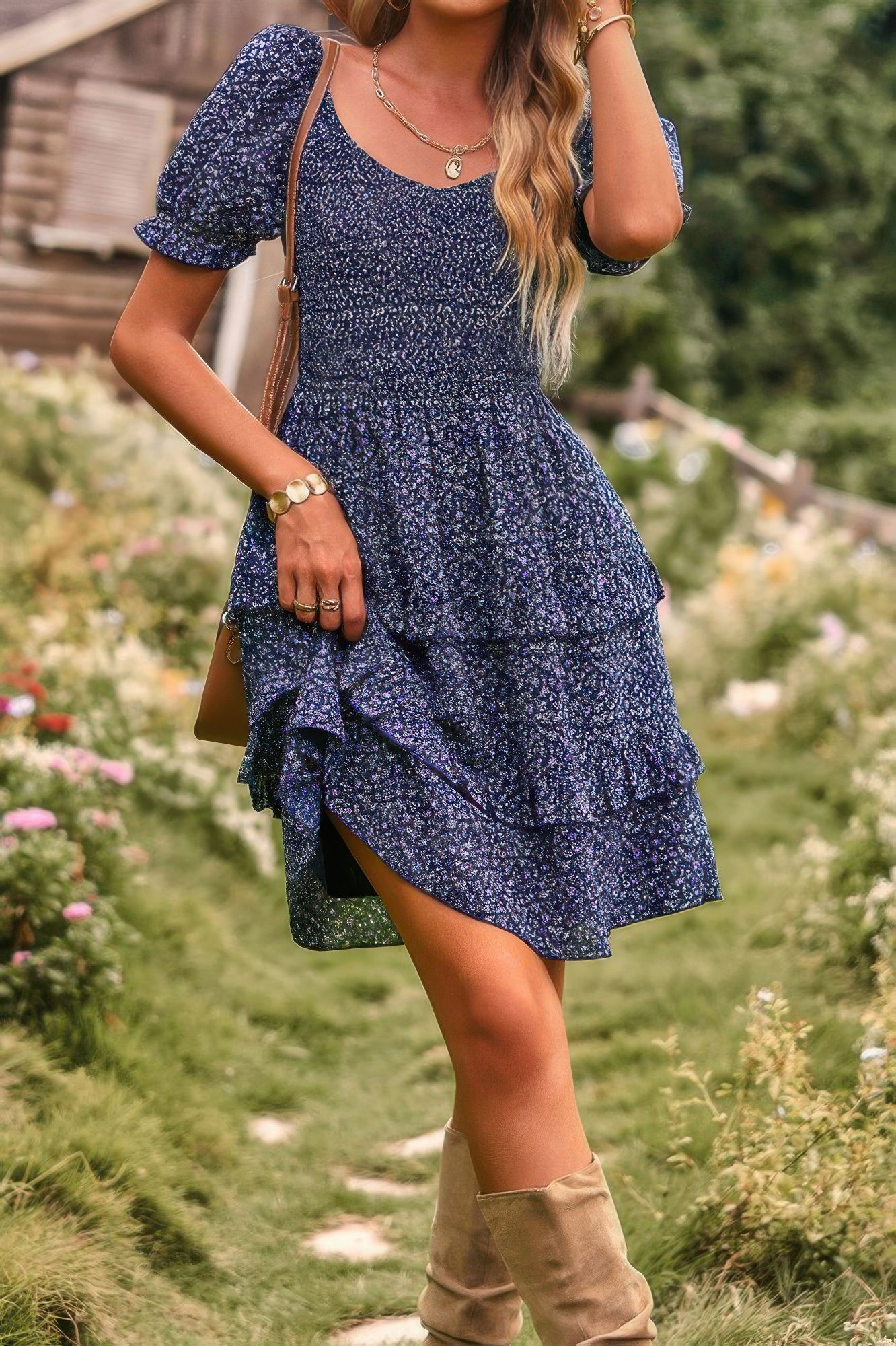 Floral Print Fit Short Sleeve A Line Dress