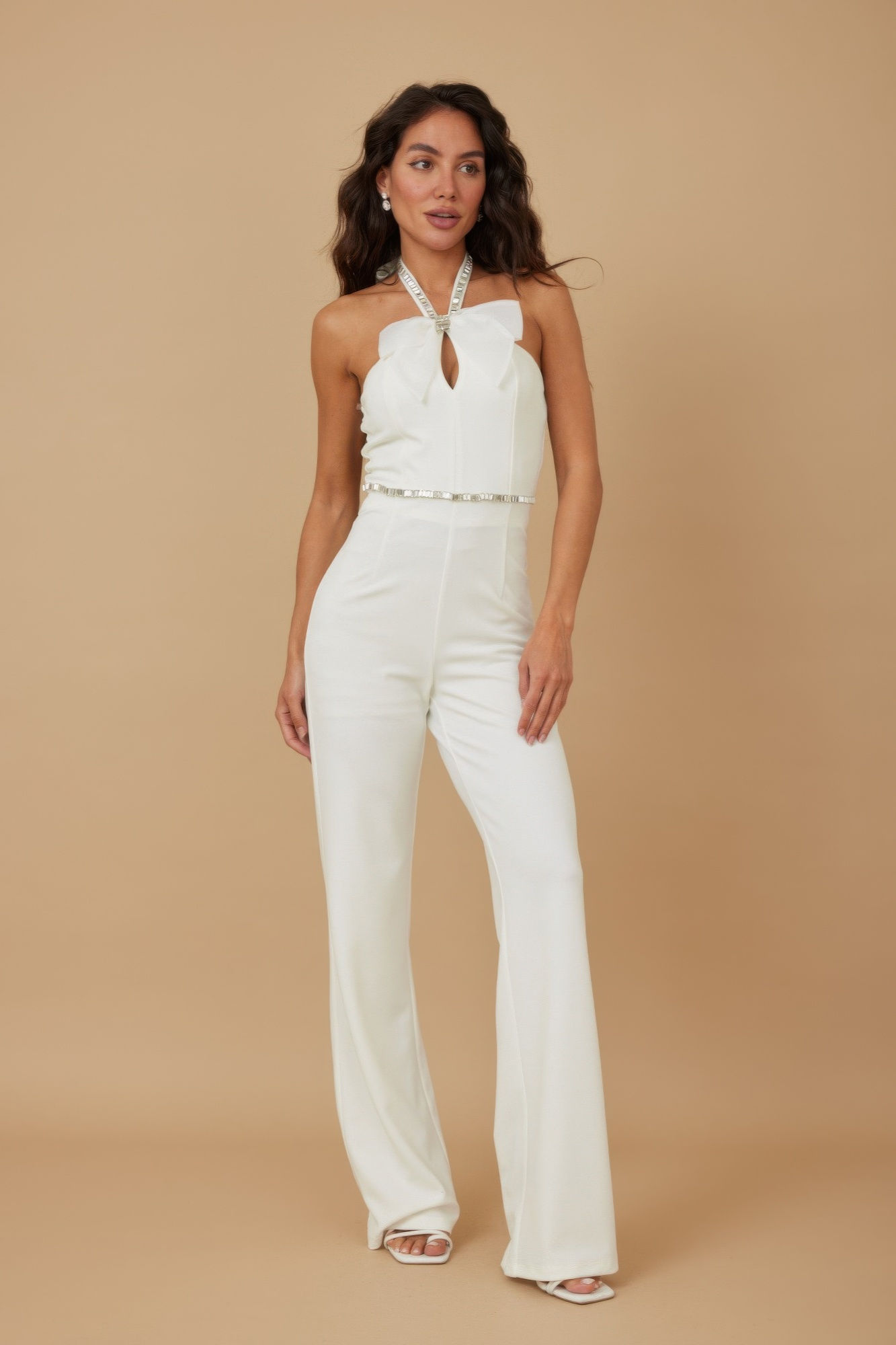Rhinestone Ribbon Haltered Neck Jumpsuit