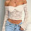Thumbnail: Off Shoulder Fitted Sheer Lace Long Sleeve Top