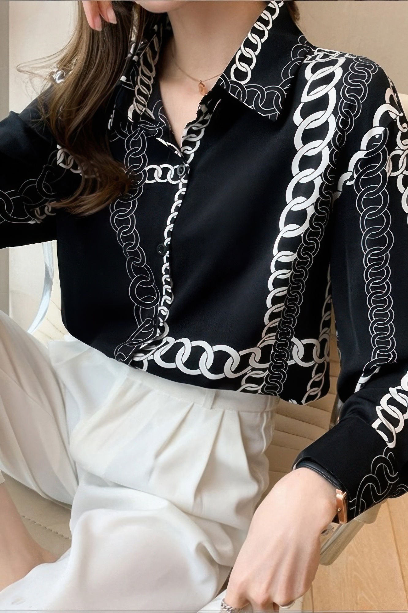 Chain Print Drop Shoulder Loose Fit Blouse