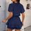 Thumbnail: Solid V Neck Knot Puff Sleeves Ruffle Hem Romper