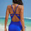 Thumbnail: Solid Deep V Neck Drawstring Cross Back Swimsuit