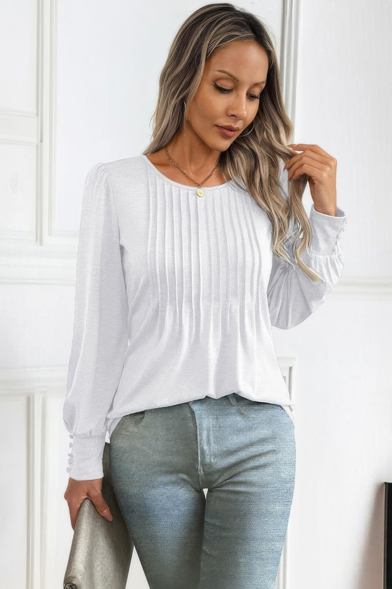 Crew Neck Pleated Long Puff Lantern Sleeve Knit Shirt
