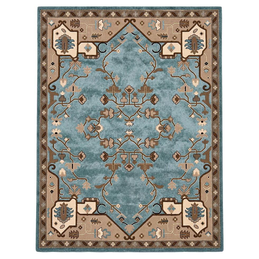 Multicolour wing-shaped tufted rug under a glass coffee table in a modern living room with a grey sofa.