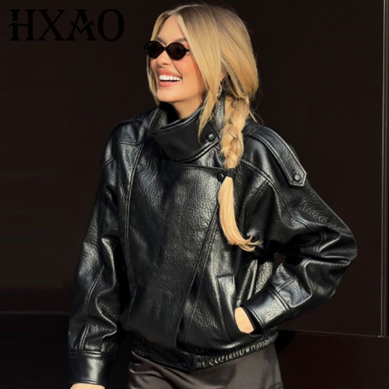HXAO New Arrival Women's Bomber Jacket Leather Black Jackets Cropped Oversize Ou