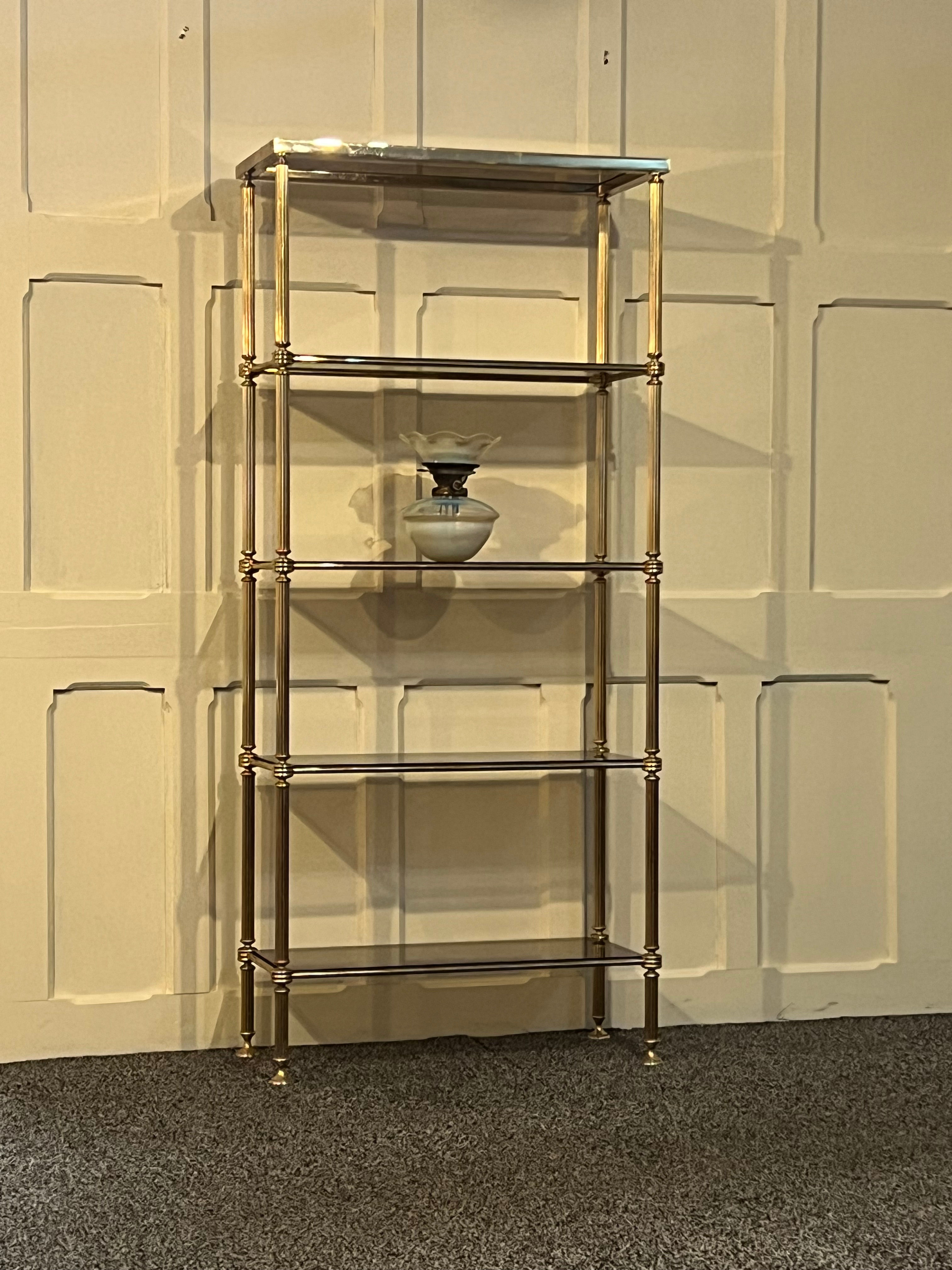 Vintage Mid Century Brass Etagere with Smoked Glass Shelves, 1970s