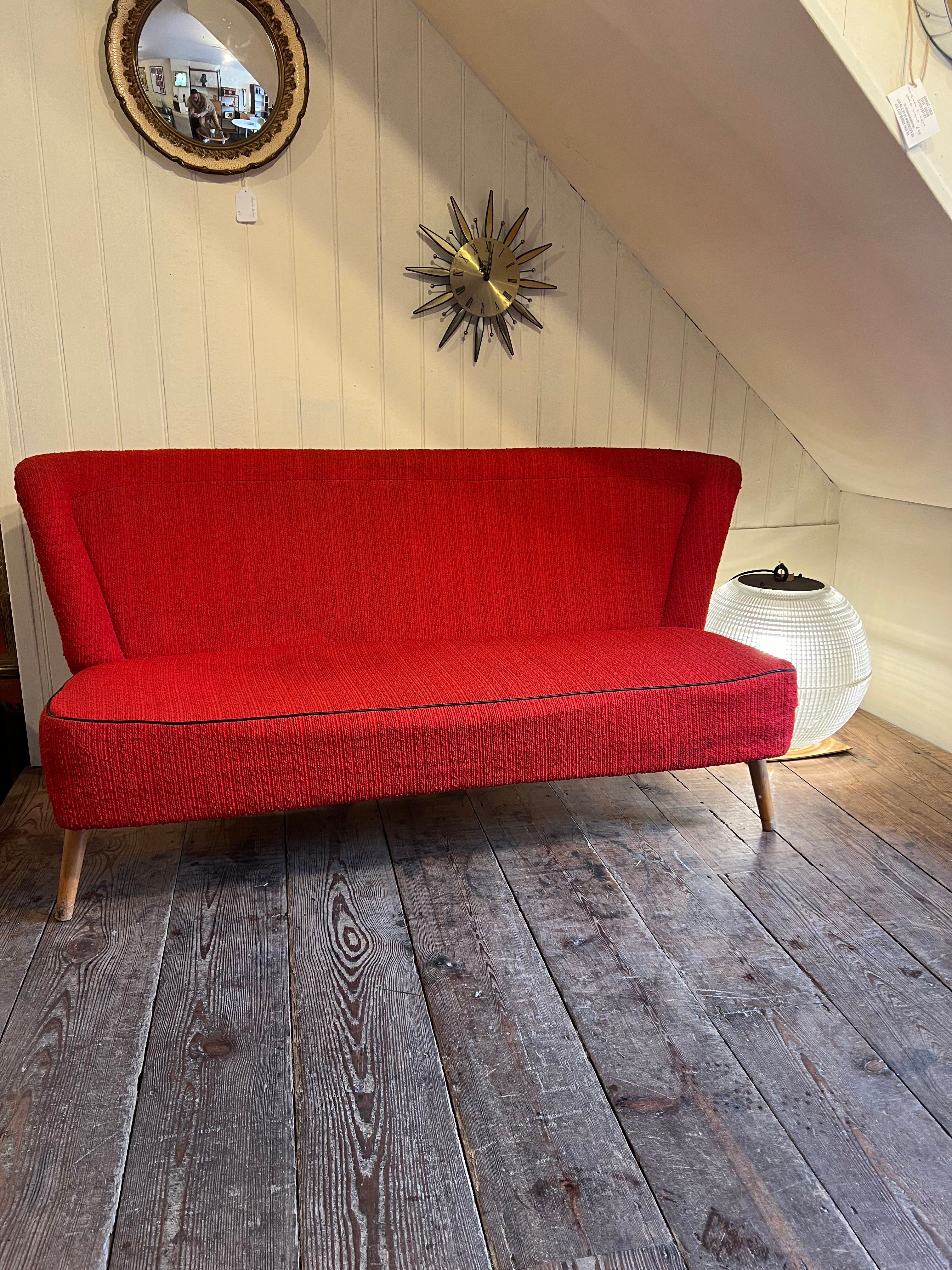 Vintage Mid Century French Red Upholstered Sofa