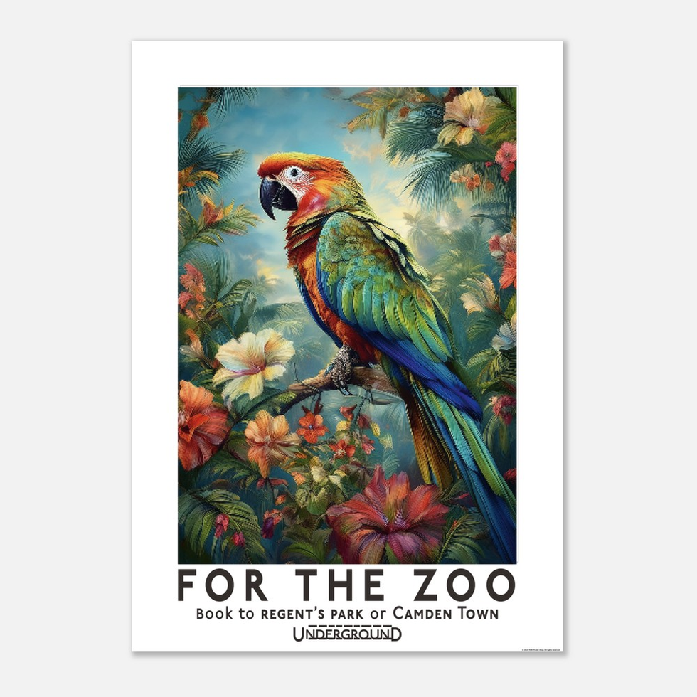 Vibrant London Underground Parrot in Tropical Paradise Matte Poster - Travel Art