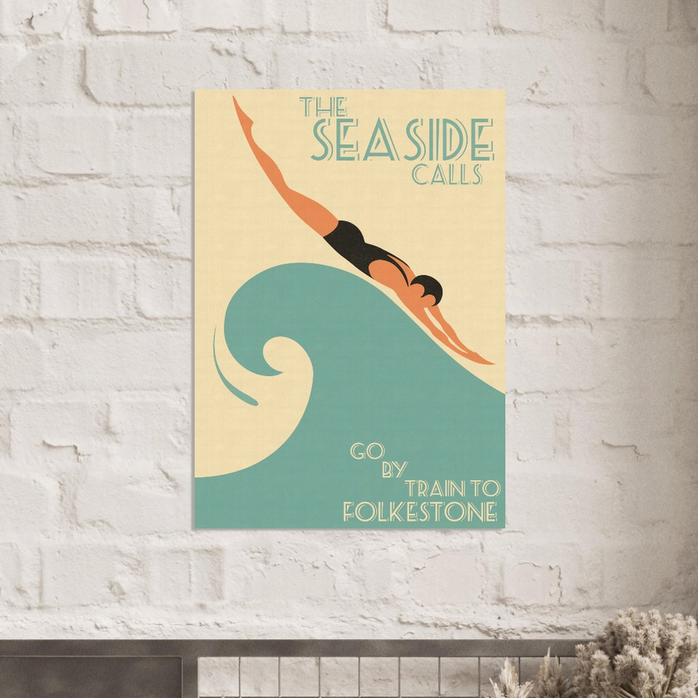 Art Deco Seaside Premium Matte Paper Poster - Visit the Seaside Folkestone