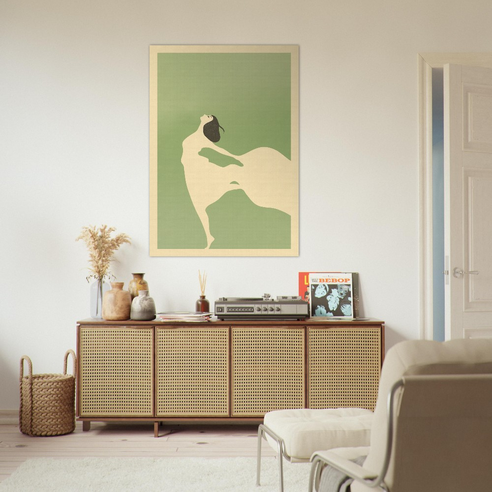 Elegance in Motion: Art Deco-Inspired Sage Green Lady Premium Matte Paper Poster