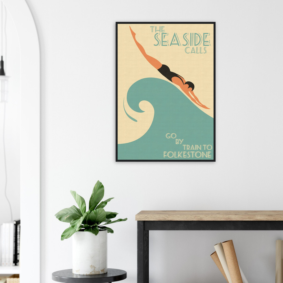 Art Deco Seaside Premium Matte Paper Poster - Visit the Seaside Folkestone
