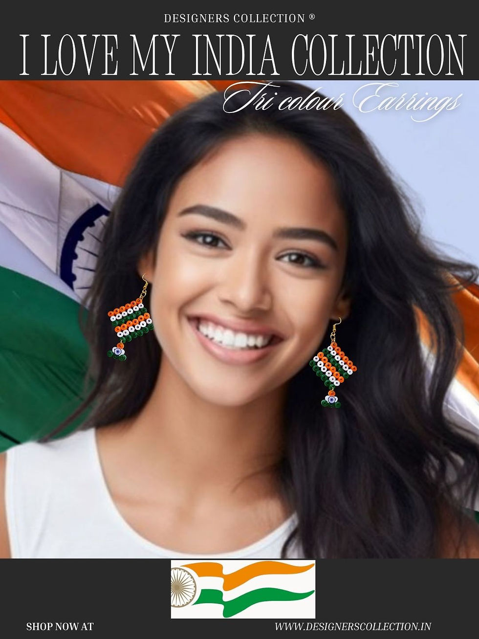 model wearing Tri-colour (Tiranga) earrings by Designers Collection®