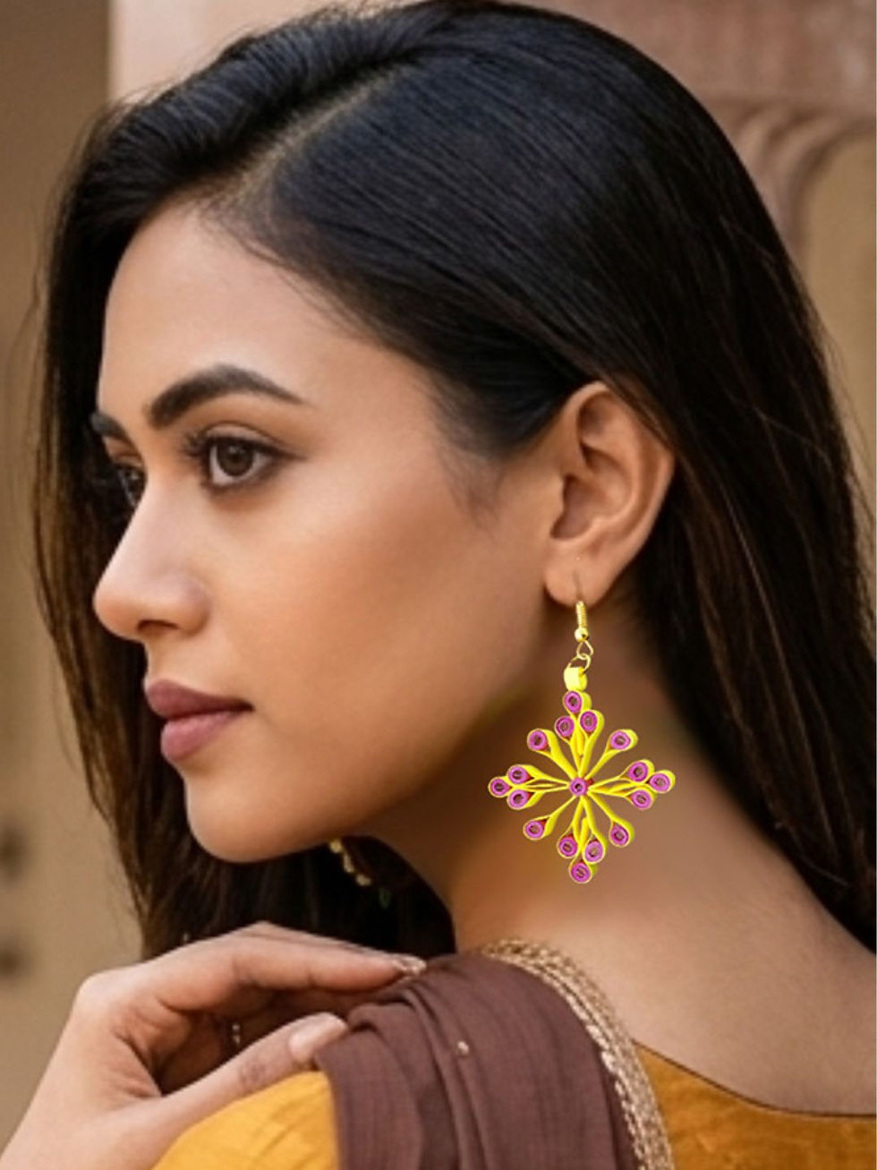 Thumbnail: Designers Collection® Handmade Ecofriendly Lightweight Paper Earring/Yellow Purp