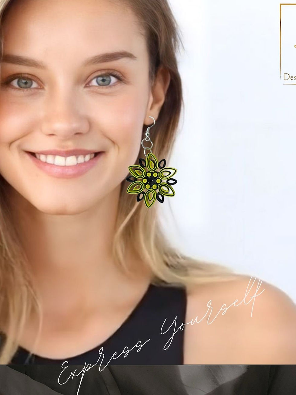 Thumbnail: model wearing Yellow Black Paper quilling earrings