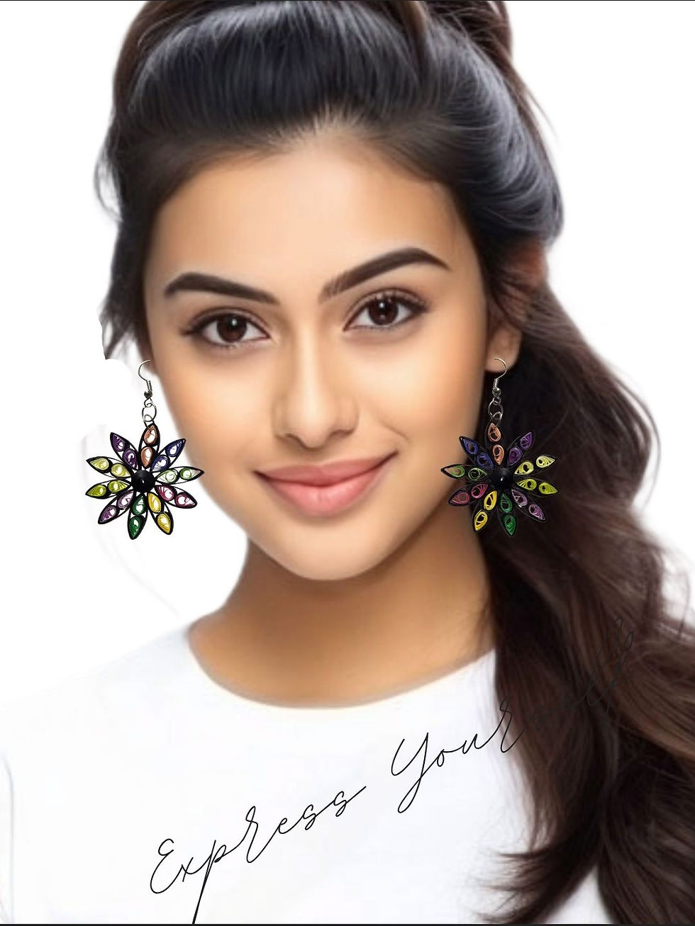 Thumbnail: model wearing Multi color paper quilling earrings