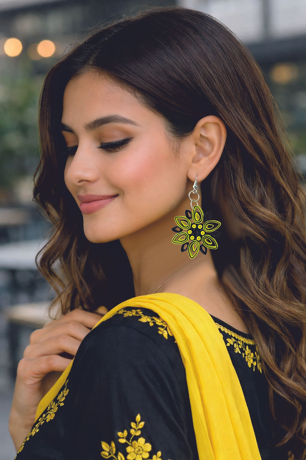Thumbnail: Designers Collection Handmade Ecofriendly Lightweight Paper Earring/Yellow Black