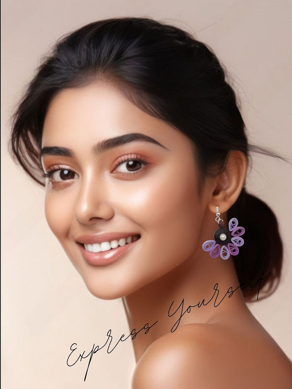 model wearing Purple Brown paper quilling earrings by Designers Collection®