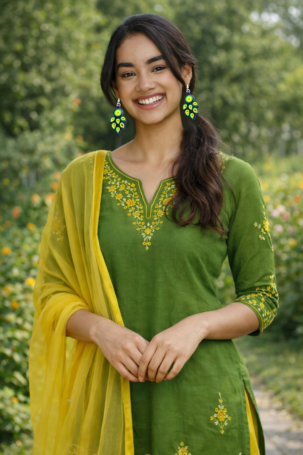 Thumbnail: Designers Collection Handmade Ecofriendly Lightweight Paper Earring/Green Yellow