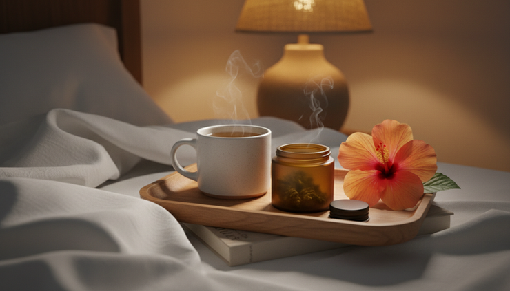 Close-up of a bedside tray with chamomile tea, a small cannabis container, and a tropical flower.