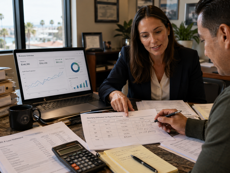 Small business owner reviewing quarterly estimated tax payments with a professional tax advisor, including organized bookkeeping records, IRS 1040-ES documents, California estimated tax paperwork, payroll reports, and cash flow planning materials in a South Bay office.