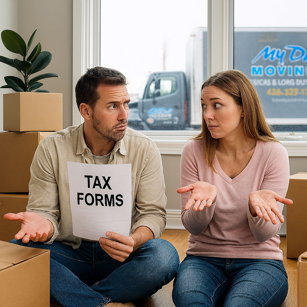 A couple sits on the floor of their living room surrounded by cardboard moving boxes. The man is holding a paper labeled "TAX FORMS" as both look at each other in confusion. Outside the window, a My Dad’s Moving Inc. truck is parked, partially visible. The scene captures the stress of moving and uncertainty about tax deductions.