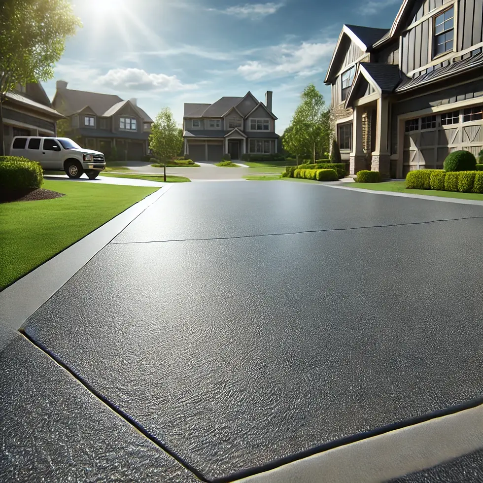 A residential driveway with epoxy flooring in a sleek gray finish, showcasing its durability and traction-enhancing texture. The area is surrounded by homes and a manicured lawn under bright sunlight